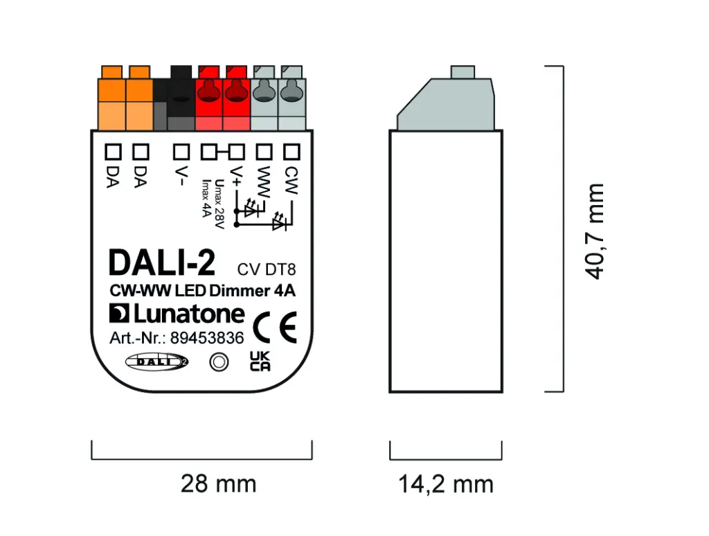 Masszeichnung und Verdrahtung 89453836 DALI-2 CW-WW LED Dimmer 4A CV DT8-01.webp