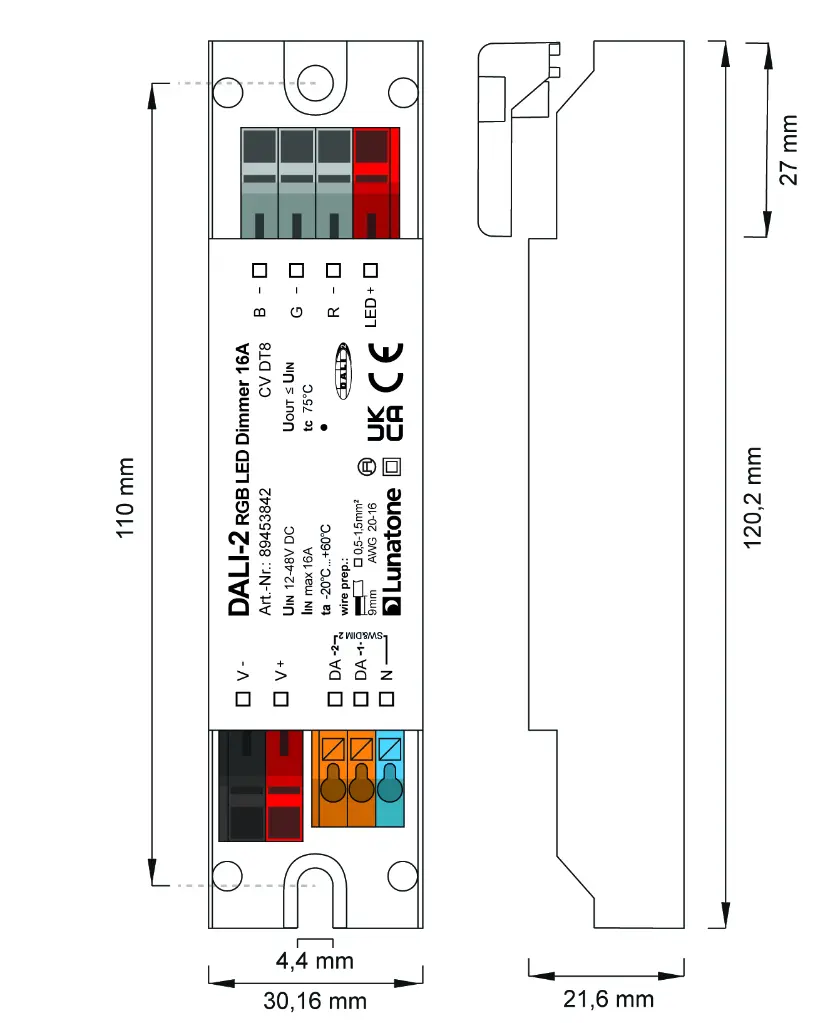 Masszeichnung Verdrahtung 89453842 DALI-2 RGB LED Dimmer DT8 CV 16A-01.webp