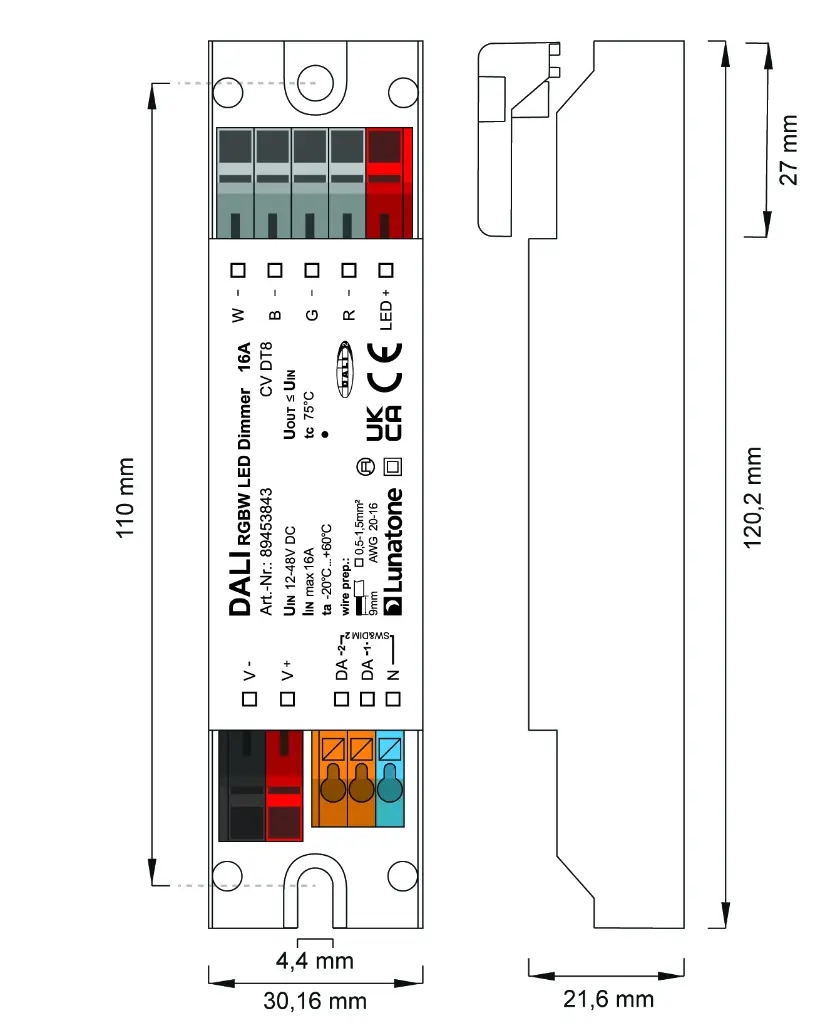 Masszeichnung Verdrahtung 89453843 RGBW LED Dimmer 16A CV DT8-01.webp