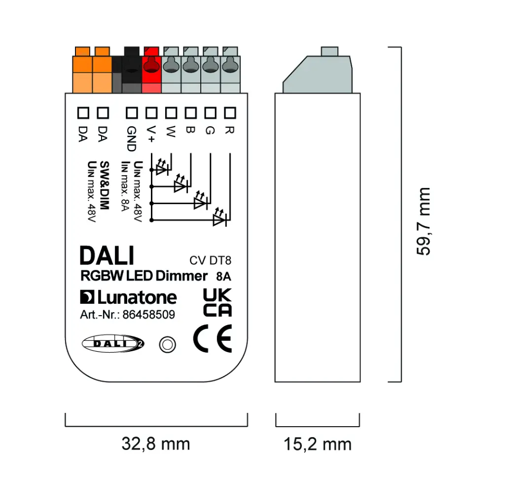 Masszeichnung und Verdrahtung 86458509 DALI RGBW 8A CV DT8-01.webp