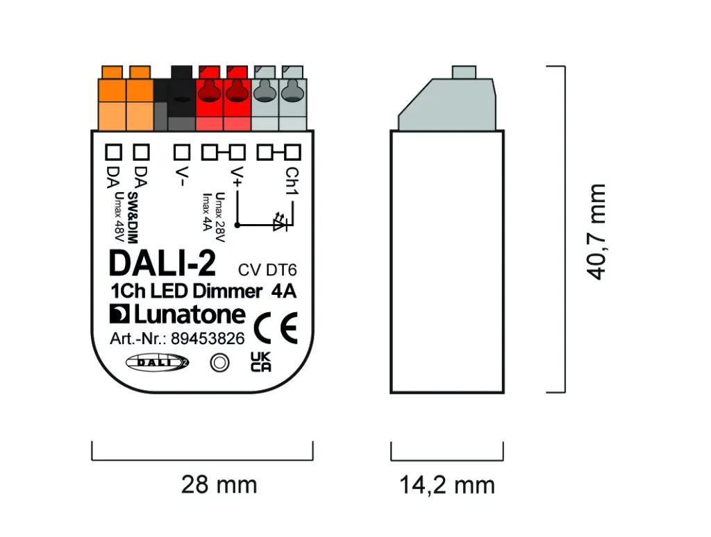 Masszeichnung und Verdrahtung 89453826 DALI-2 1CH LED Dimmer CV DT6-01.webp