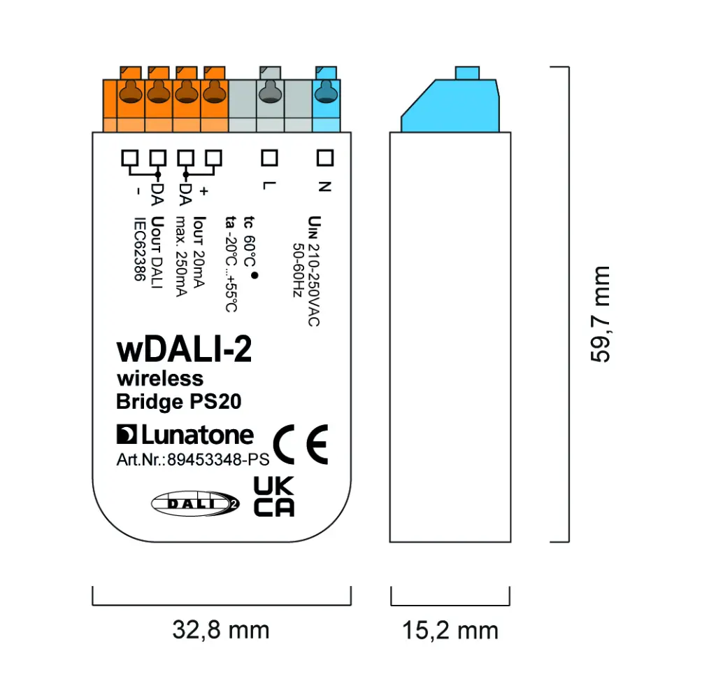 Masszeichnung und Verdrahtung 89453348-PS wDALI-2 Bluetooth 5 wireless Bridge PS20-01.webp